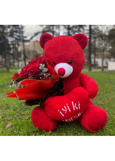 Kırmızı büyük ayı,gül buket
