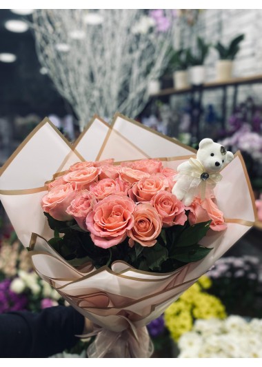 Pembe gül, ayıcıklı buket